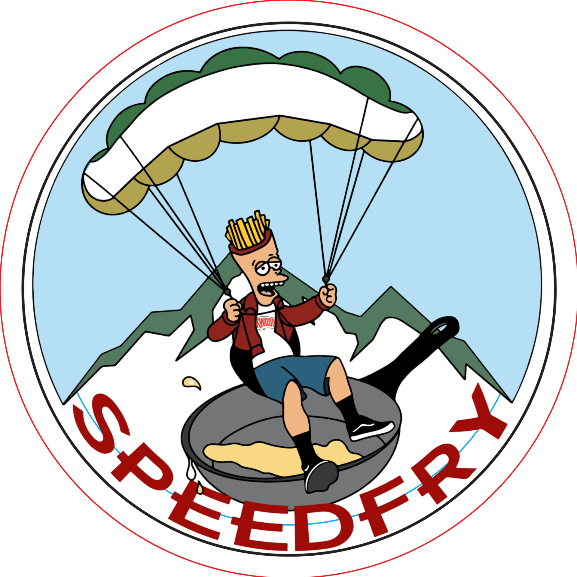Speedfry mascot — speedflying into a frying pan